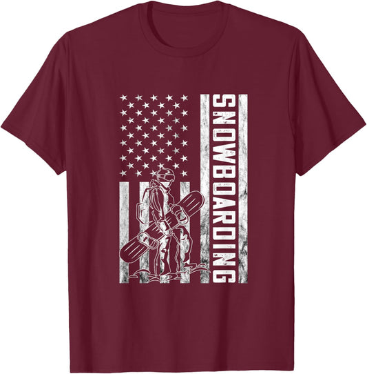 Snowboarding Vintage Snowboarder USA Flag America Snowboard T-Shirt - T-Shirt | Maroon