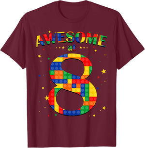 Building Blocks Bricks Awesome at 8 Years Old Birthday Boy T-Shirt - T-Shirt | Maroon