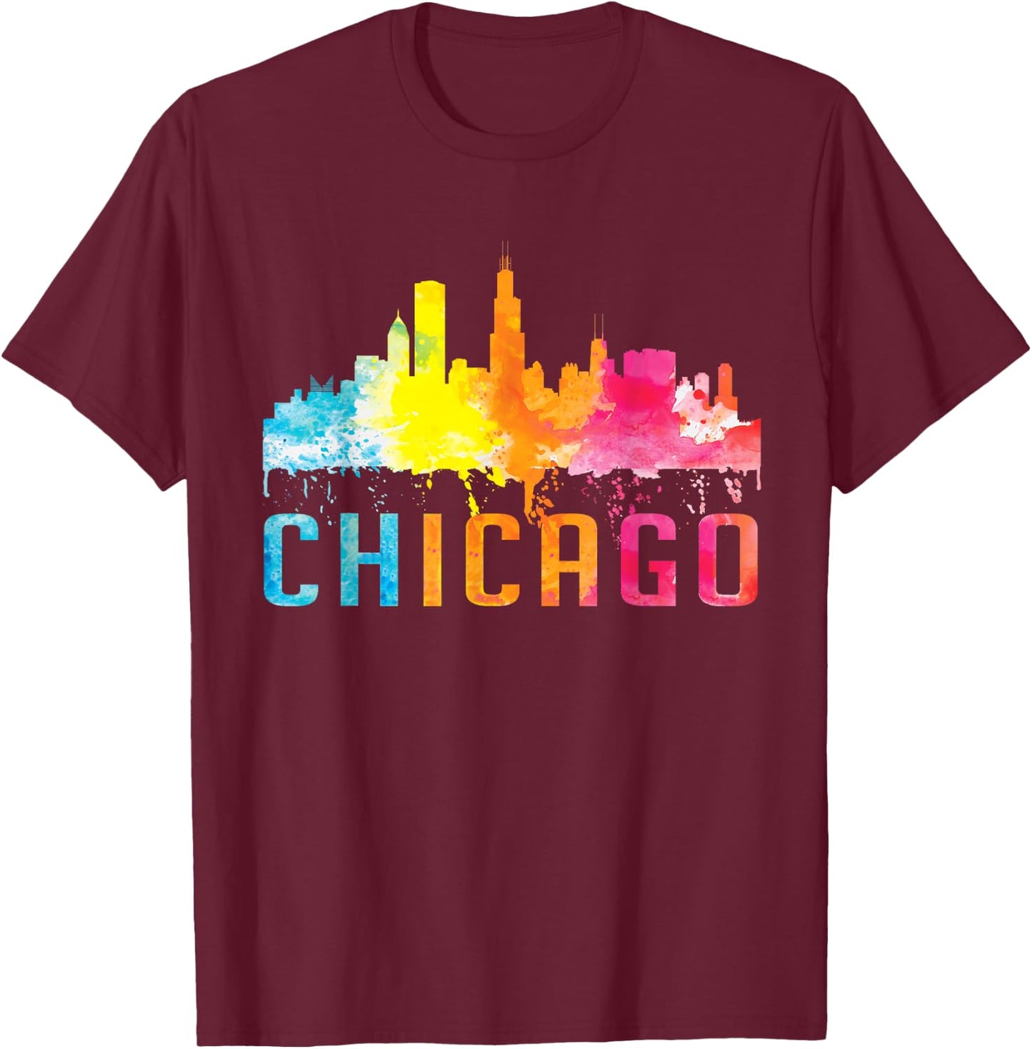 Chicago Illinois Retro Watercolour Skyline Souvenir T-Shirt - T-Shirt | Maroon