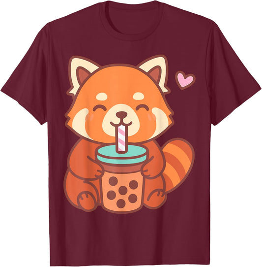 Kawaii Red Panda Drinking Boba Bubble Tea T-Shirt - T-Shirt | Maroon