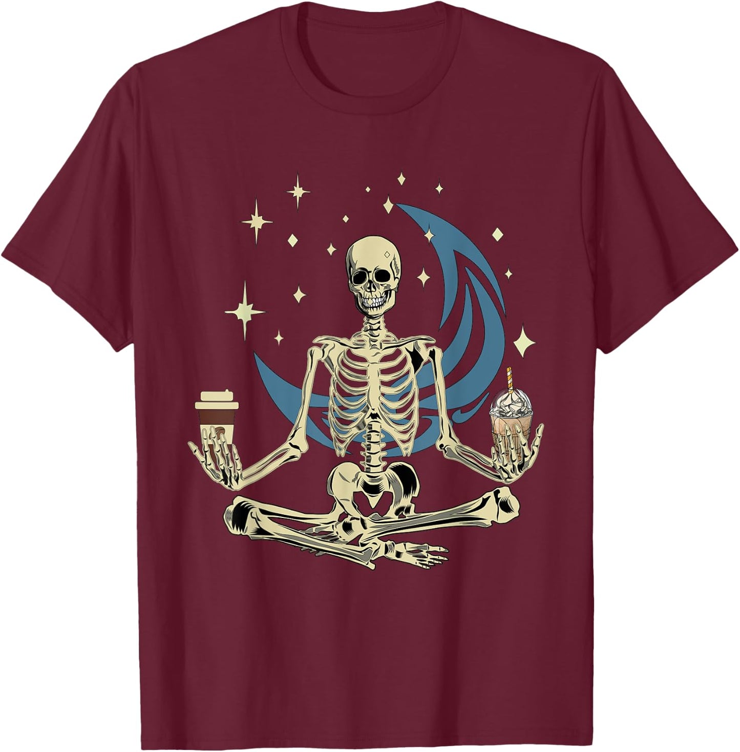 Skeleton Doing Yoga And Drinking Coffee Funny Meditation T-Shirt - T-Shirt | Maroon