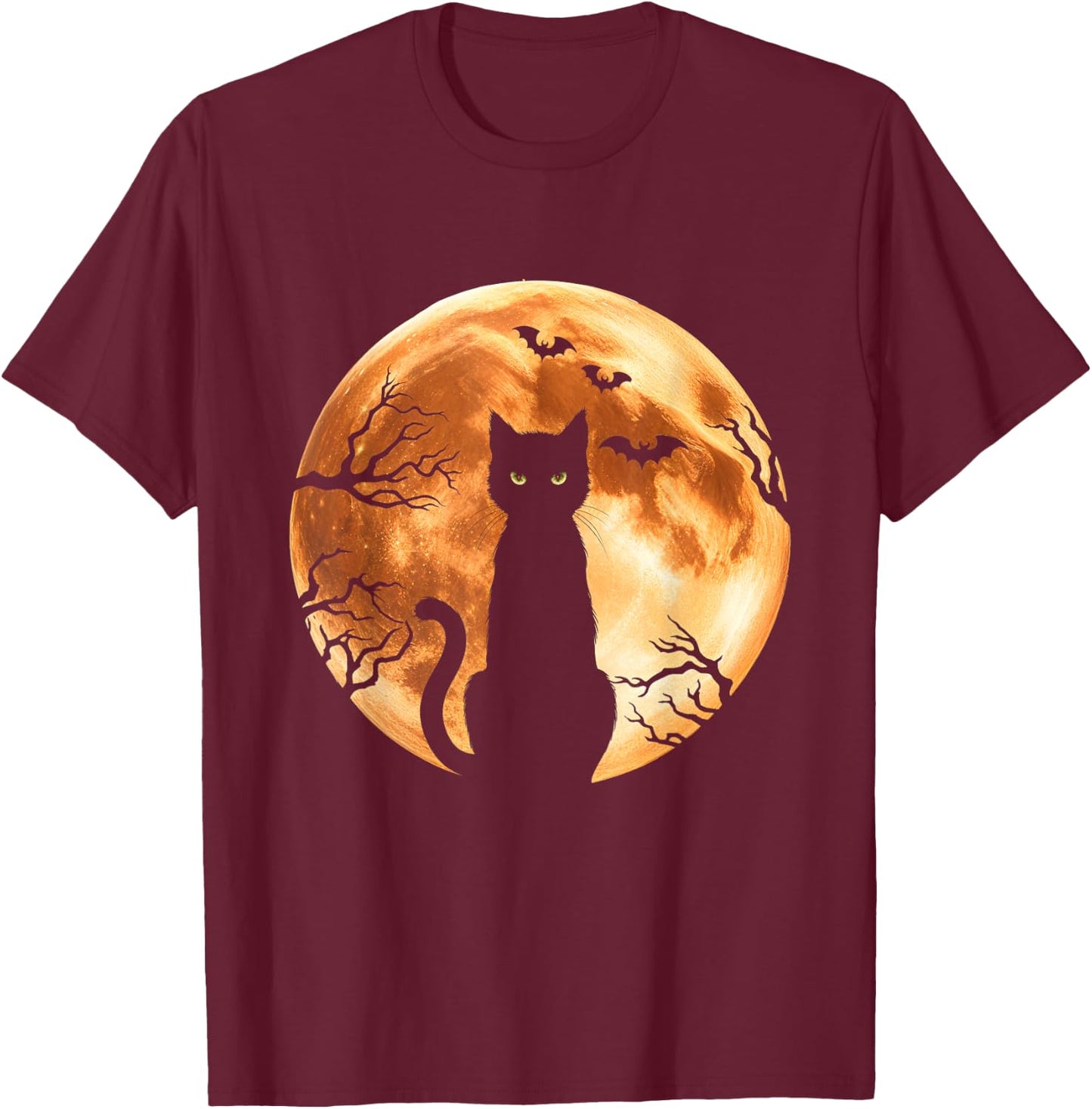 Halloween Cat Moon Bats Spooky Night Black Cat T-Shirt - T-Shirt | Maroon