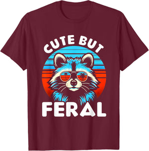 Cute But Feral Funny Colorful Racoon With Sunglasses Racoon T-Shirt - T-Shirt | Maroon