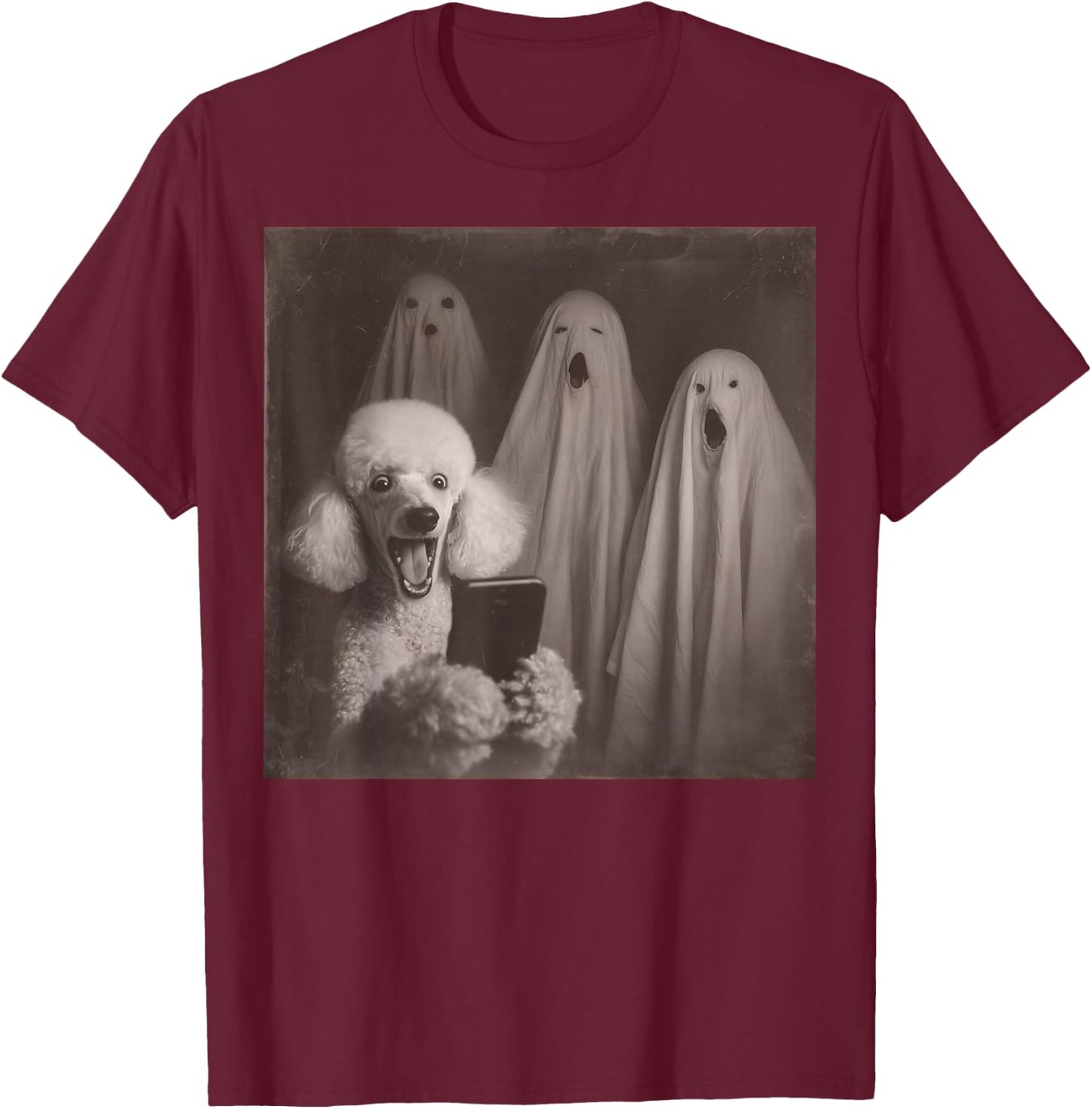Funny Poodle with Ghosts Retro Halloween Dog Lover T-Shirt - T-Shirt | Maroon