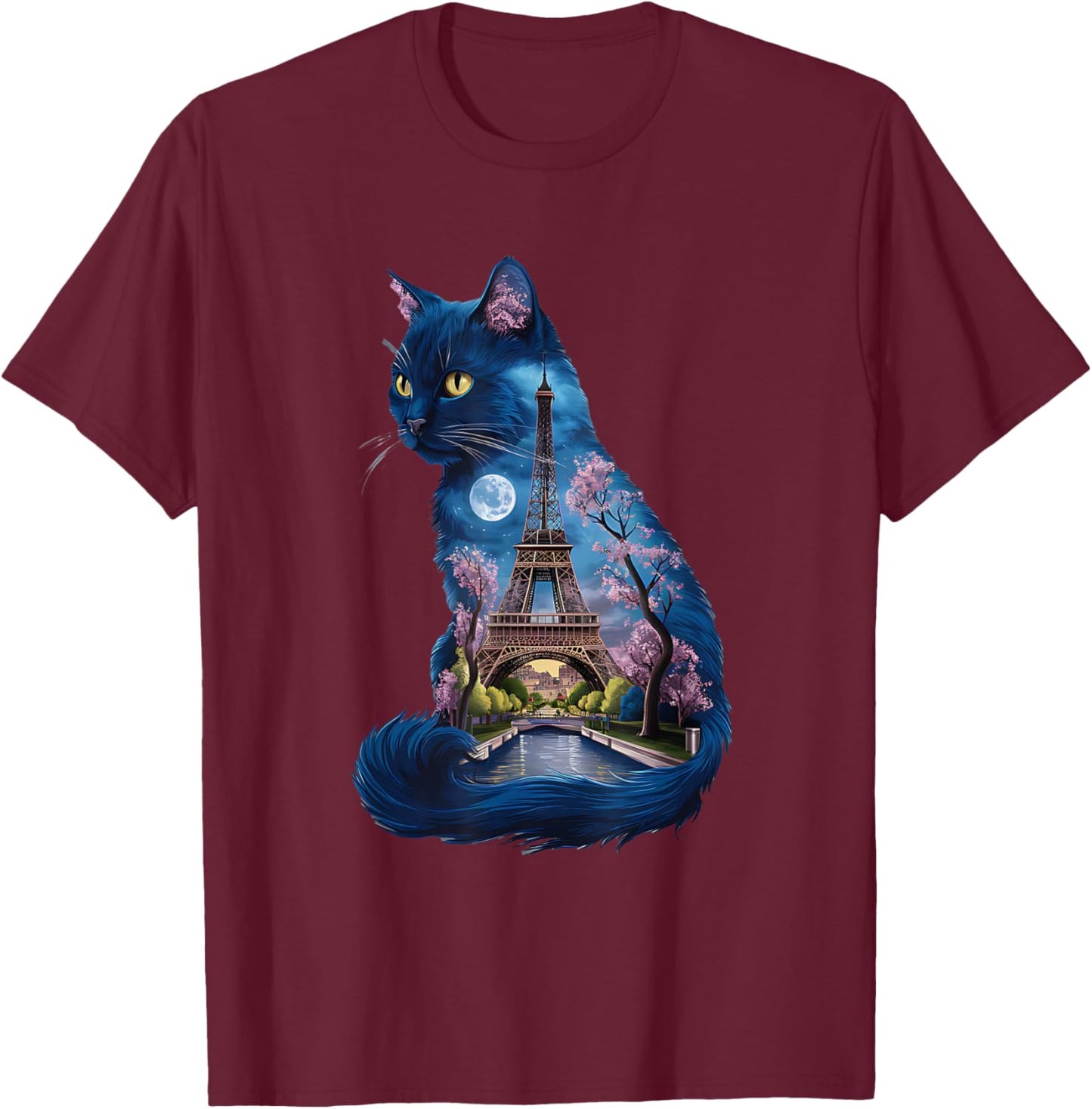 Pretty Parisian Cat Silhouette French Eiffel Tower European , Black, S T-Shirt - T-Shirt | Maroon