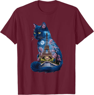 Pretty Parisian Cat Silhouette French Eiffel Tower European , Black, S T-Shirt - T-Shirt | Maroon