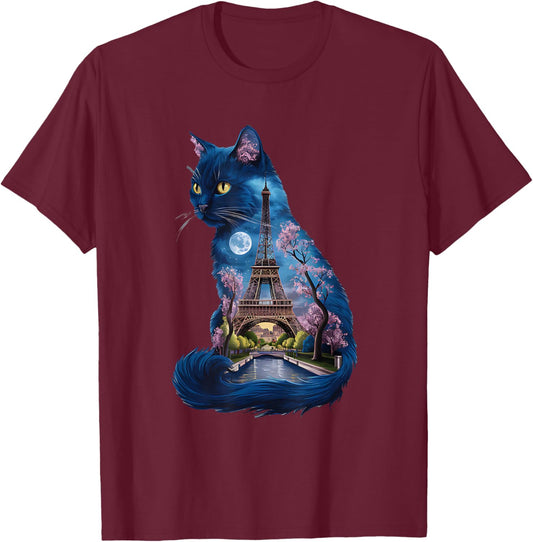 Pretty Parisian Cat Silhouette French Eiffel Tower European , Black, S T-Shirt - T-Shirt | Maroon