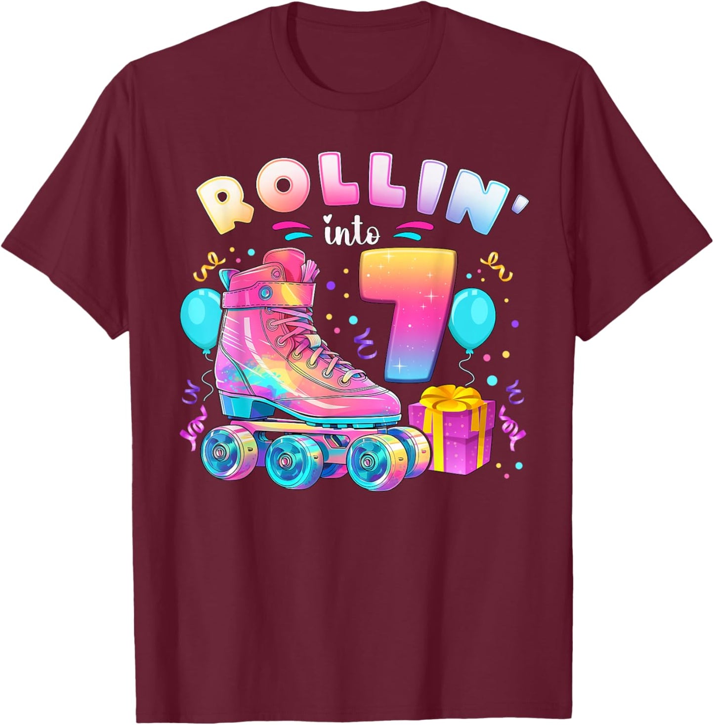 7th Birthday Girl 7 Years Roller Skates Number 7 T-Shirt - T-Shirt | Maroon