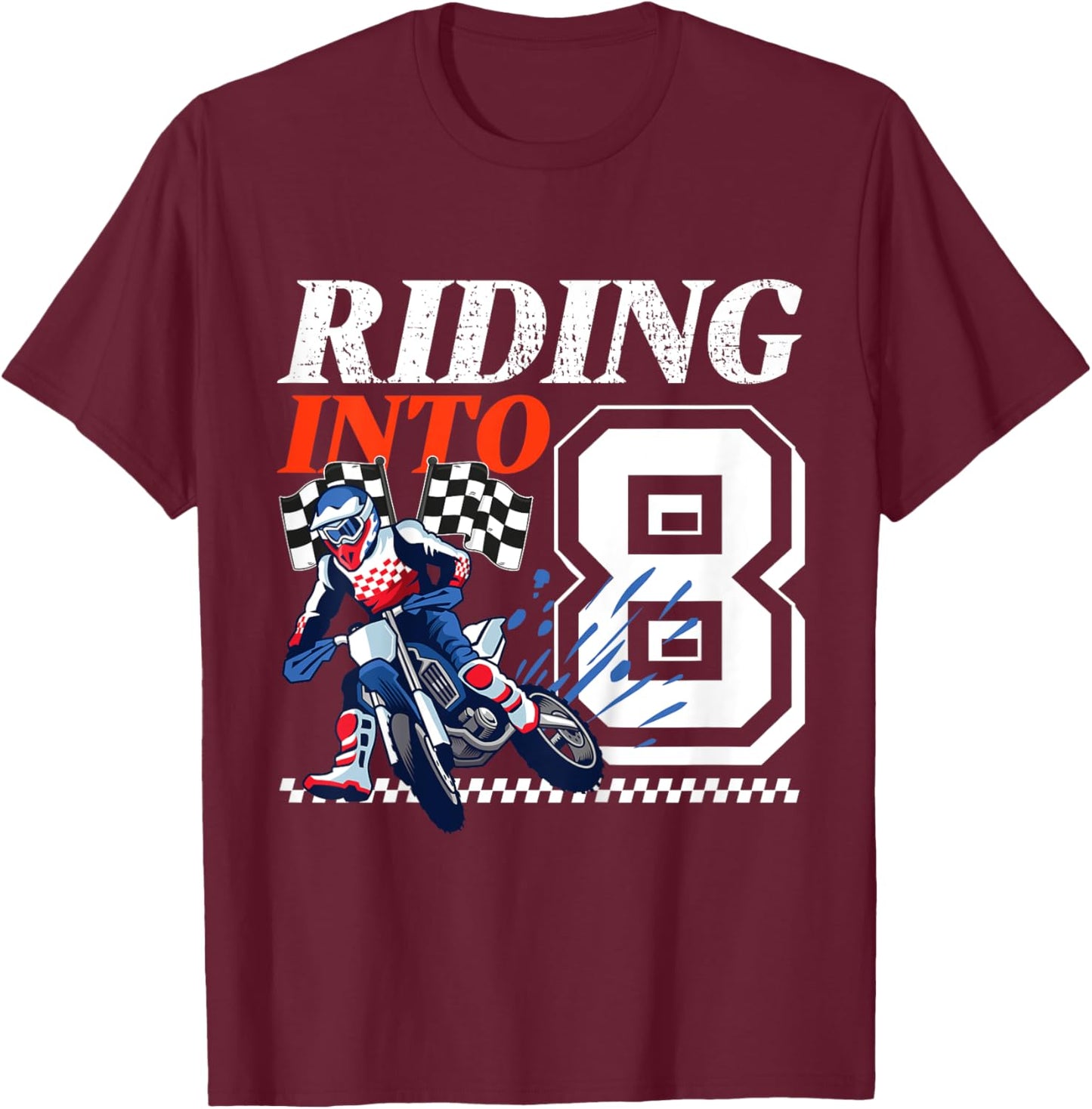 Kids Dirt Bike Riding into 8 Years Motocross 8th Birthday Party T-Shirt - T-Shirt | Maroon