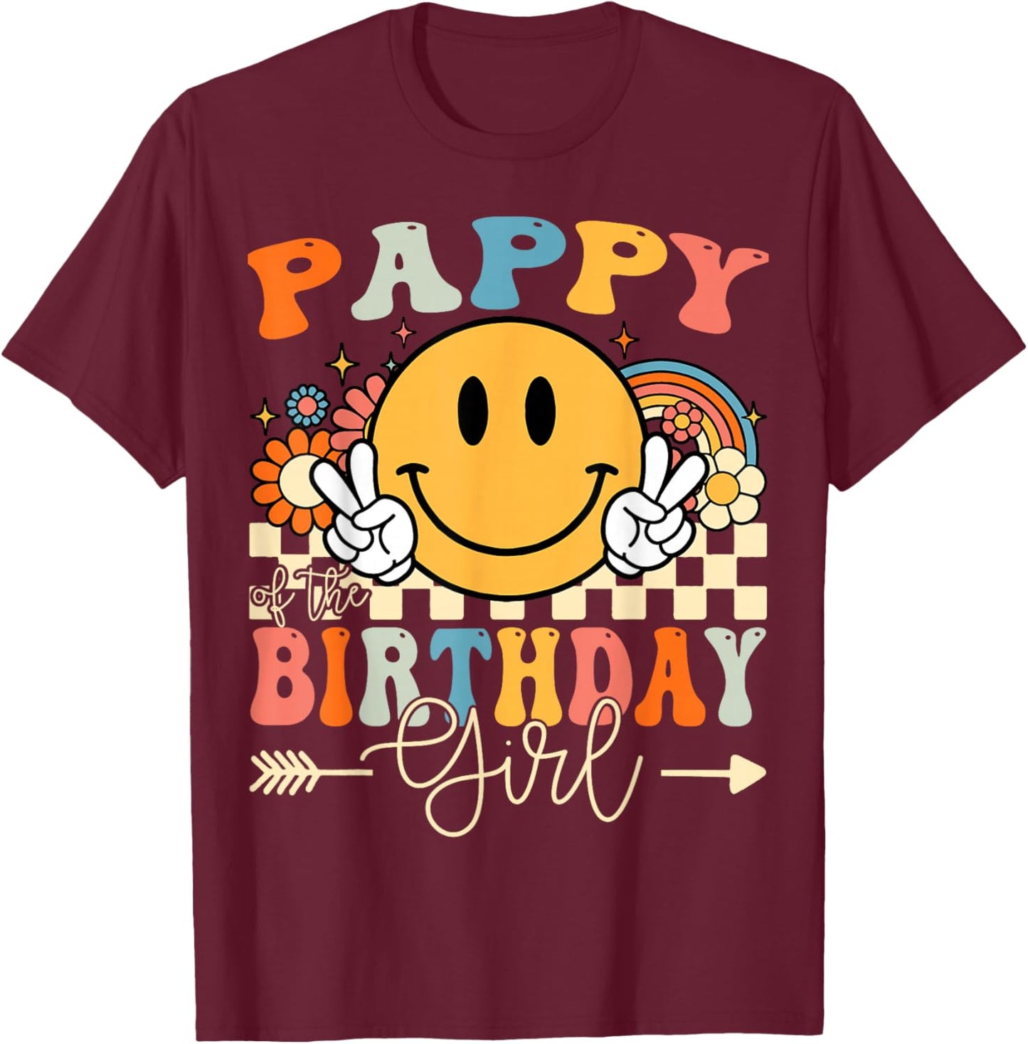 Pappy Of The Birthday Girl Groovy Retro Vintage T-Shirt - T-Shirt | Maroon