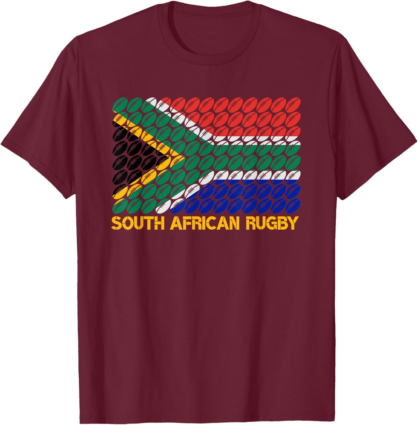 Rugby Ball Pattern South Africa Flag T-Shirt - T-Shirt | Maroon