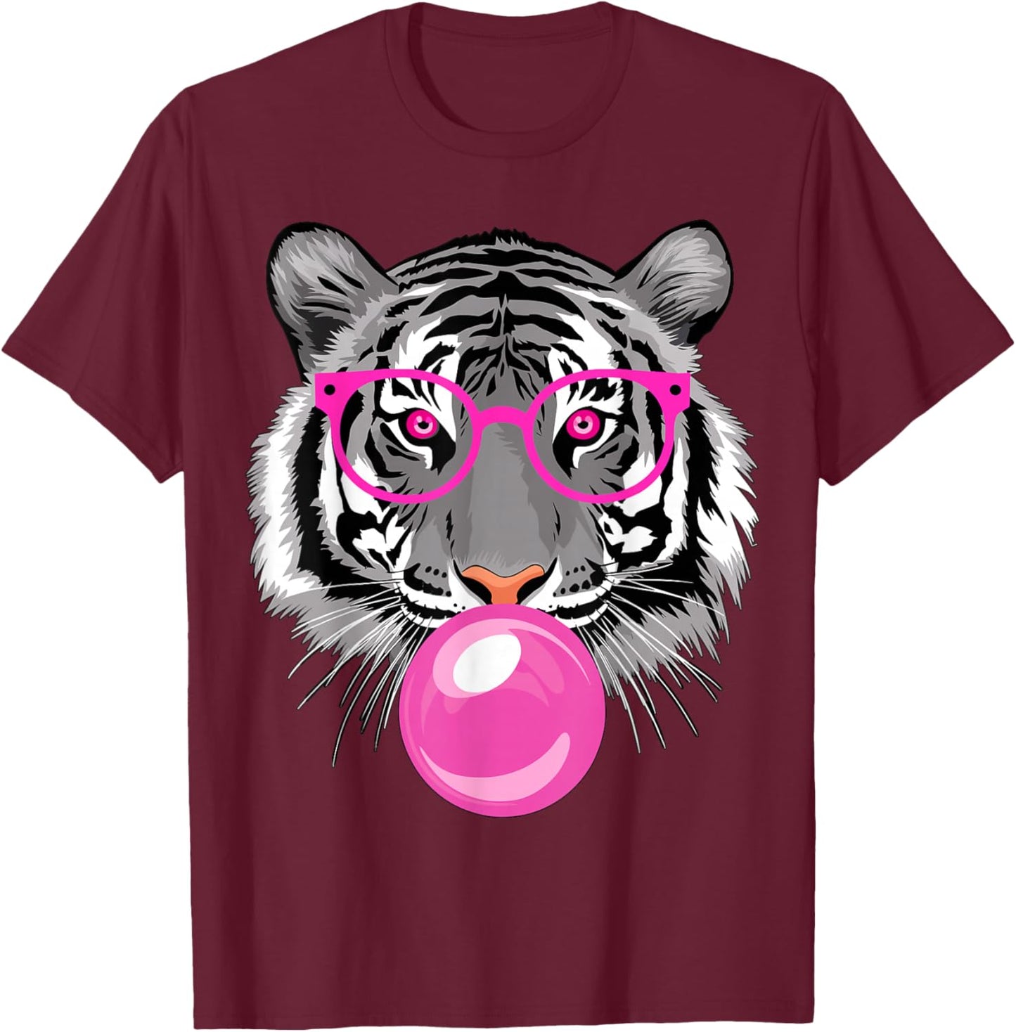 Tiger with Glasses and Bubble Gum T-Shirt - T-Shirt | Maroon