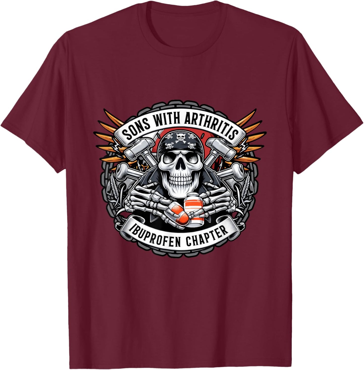 Söhne mit Arthritis Ibuprofen Chapter Biker Skull Halloween T-Shirt - T-Shirt | Maroon
