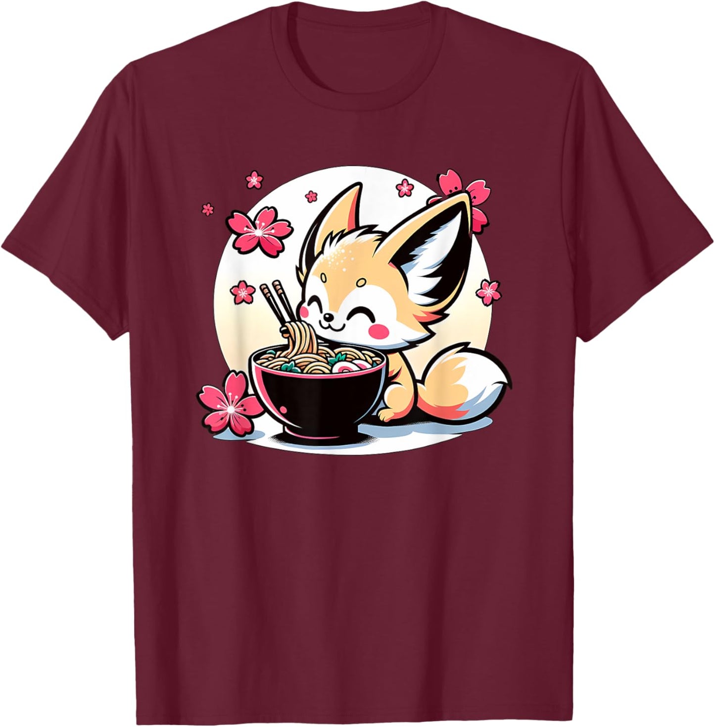Kawaii Fennec Fox Eating Ramen T-Shirt - T-Shirt | Maroon