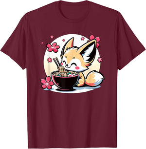 Kawaii Fennec Fox Eating Ramen T-Shirt - T-Shirt | Maroon
