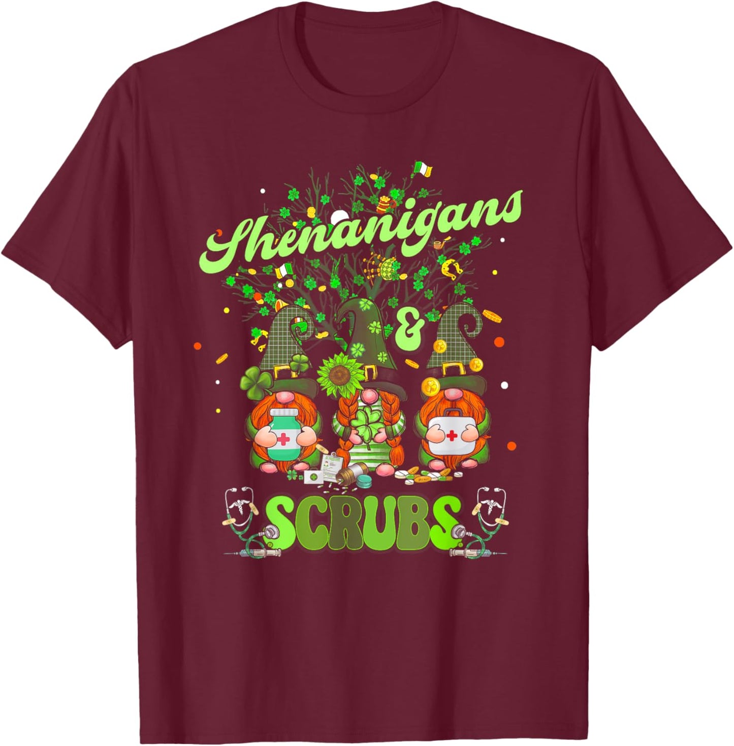 Nurse St Patrick Day Shenanigans and Scrubs Scrub Top T-Shirt - T-Shirt | Maroon