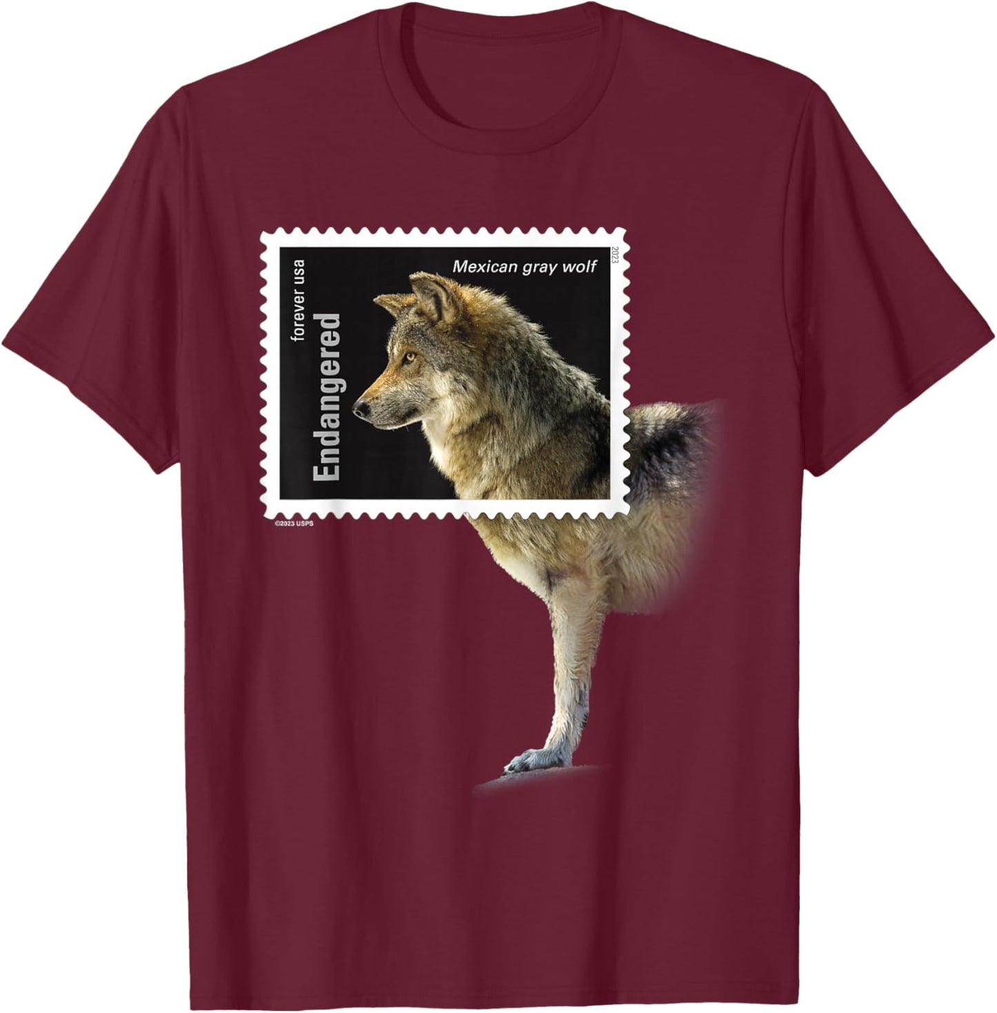 USPS Endangered Species Stamp Framed Mexican Gray Wolf T-Shirt - T-Shirt | Maroon