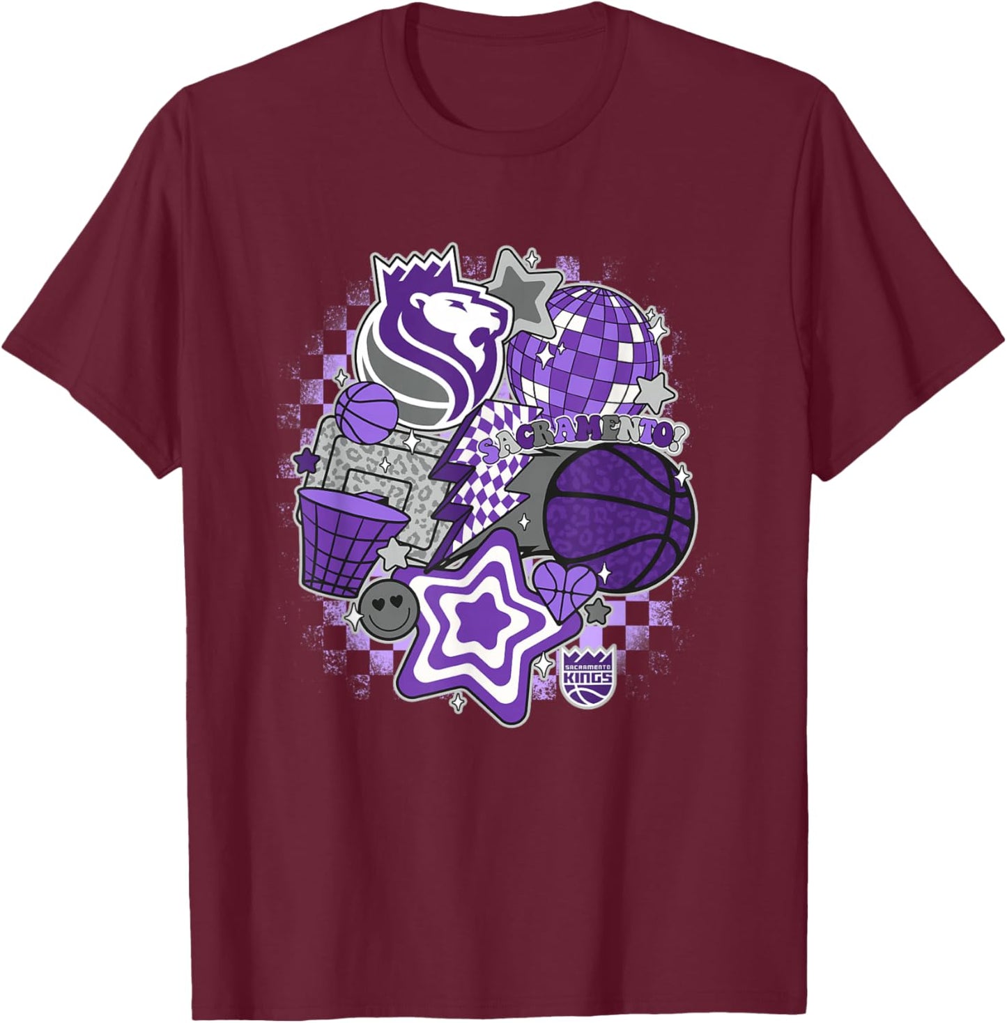 NBA Sacramento Kings Psychedelic Basketball Collage T-Shirt - T-Shirt | Maroon