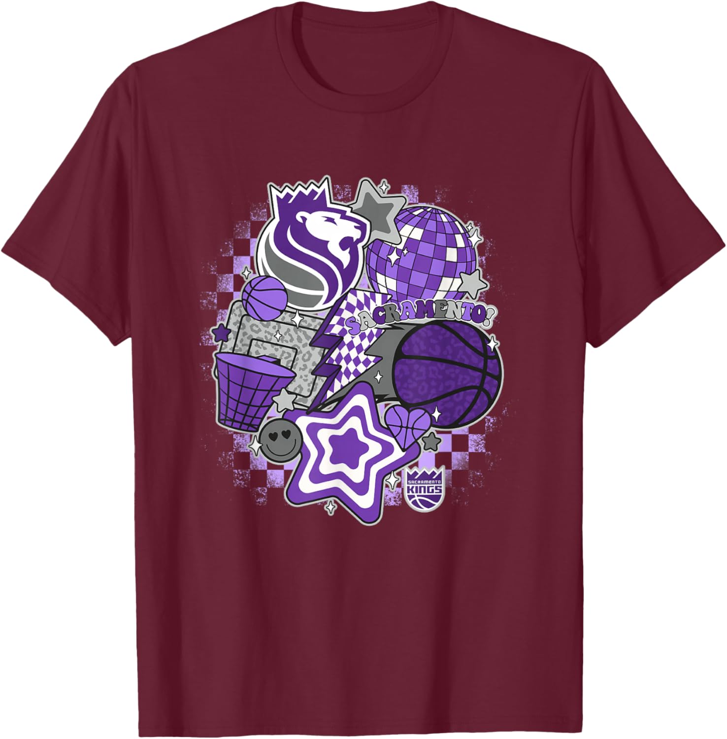NBA Sacramento Kings Psychedelic Basketball Collage T-Shirt - T-Shirt | Maroon