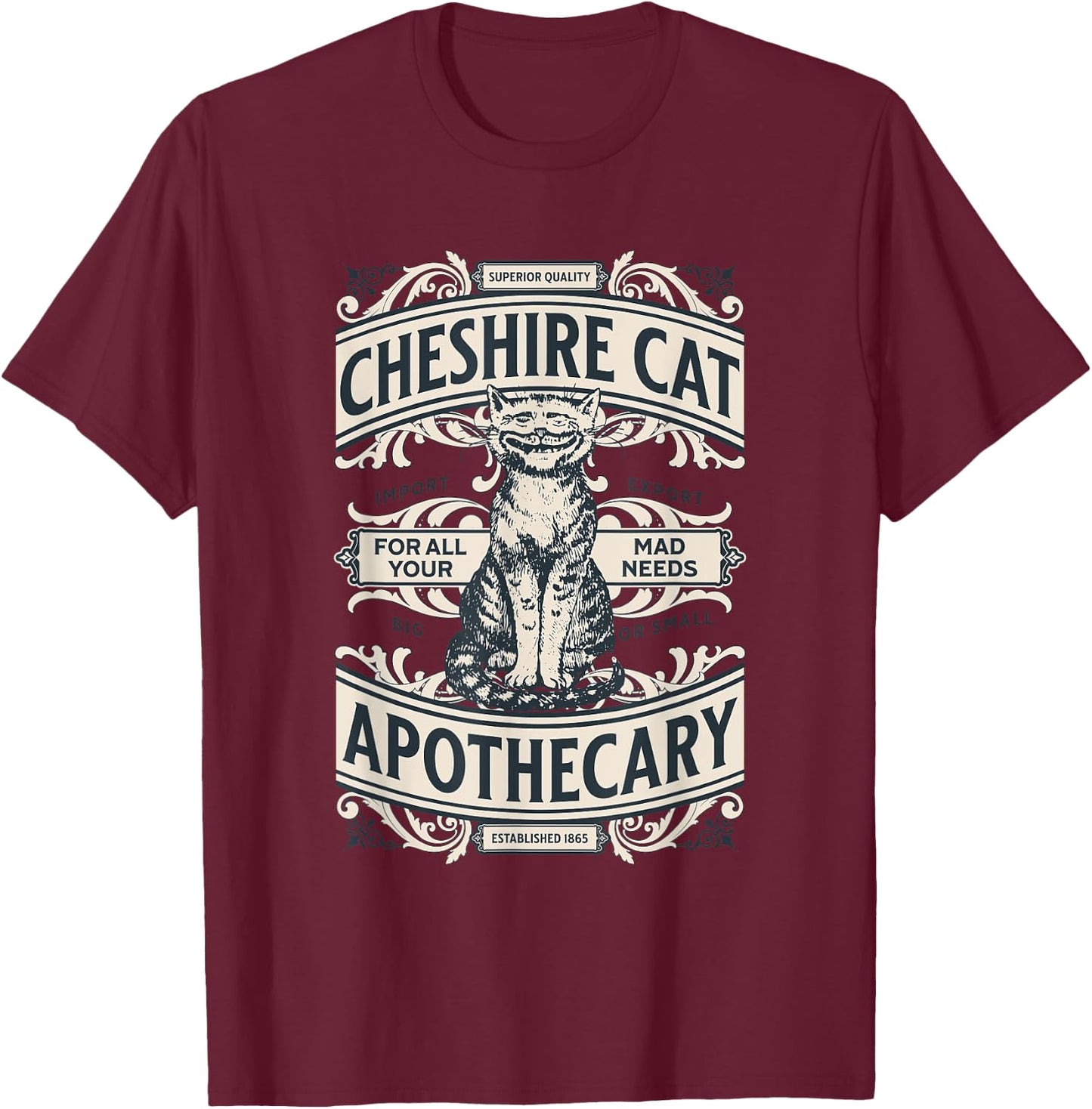 Cheshire Cat - Alice in Wonderland Vintage Book Design T-Shirt - T-Shirt | Maroon