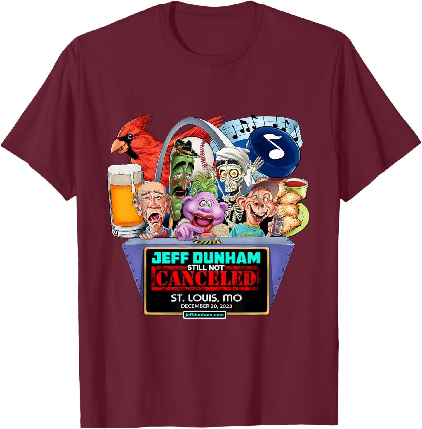 Jeff Dunham St. Louis, MO (2023) T-Shirt - T-Shirt | Maroon