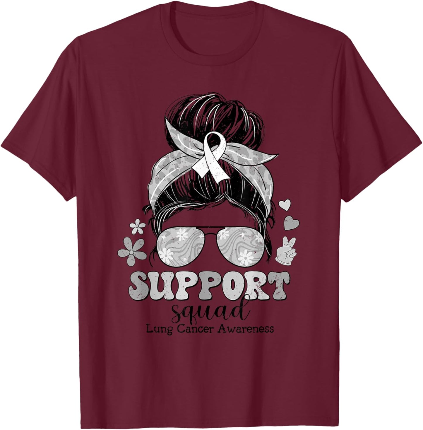 Groovy Support Squad Messy Bun Lung Cancer Awareness T-Shirt - T-Shirt | Maroon