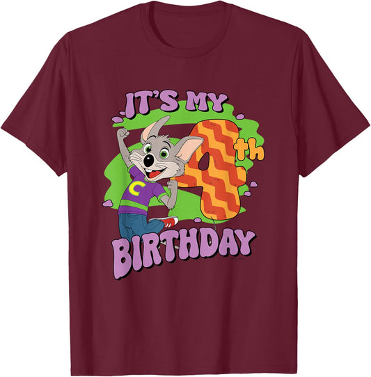Chuck E. Cheese It's My 4th Birthday Happy Chuck Chest Logo T-Shirt - T-Shirt | Maroon