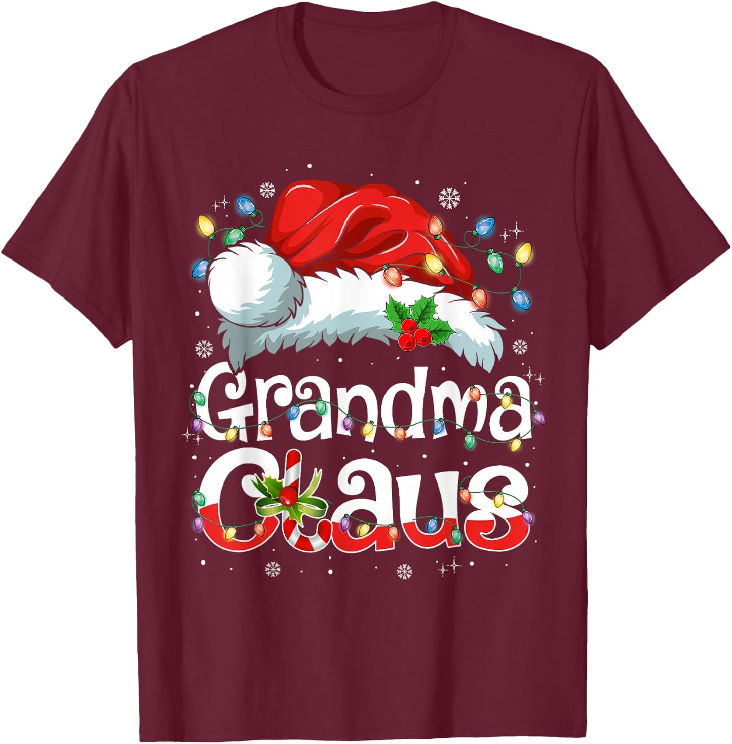 Grandma Claus Shirt Christmas Lights Pajama Family Matching T-Shirt - T-Shirt | Maroon