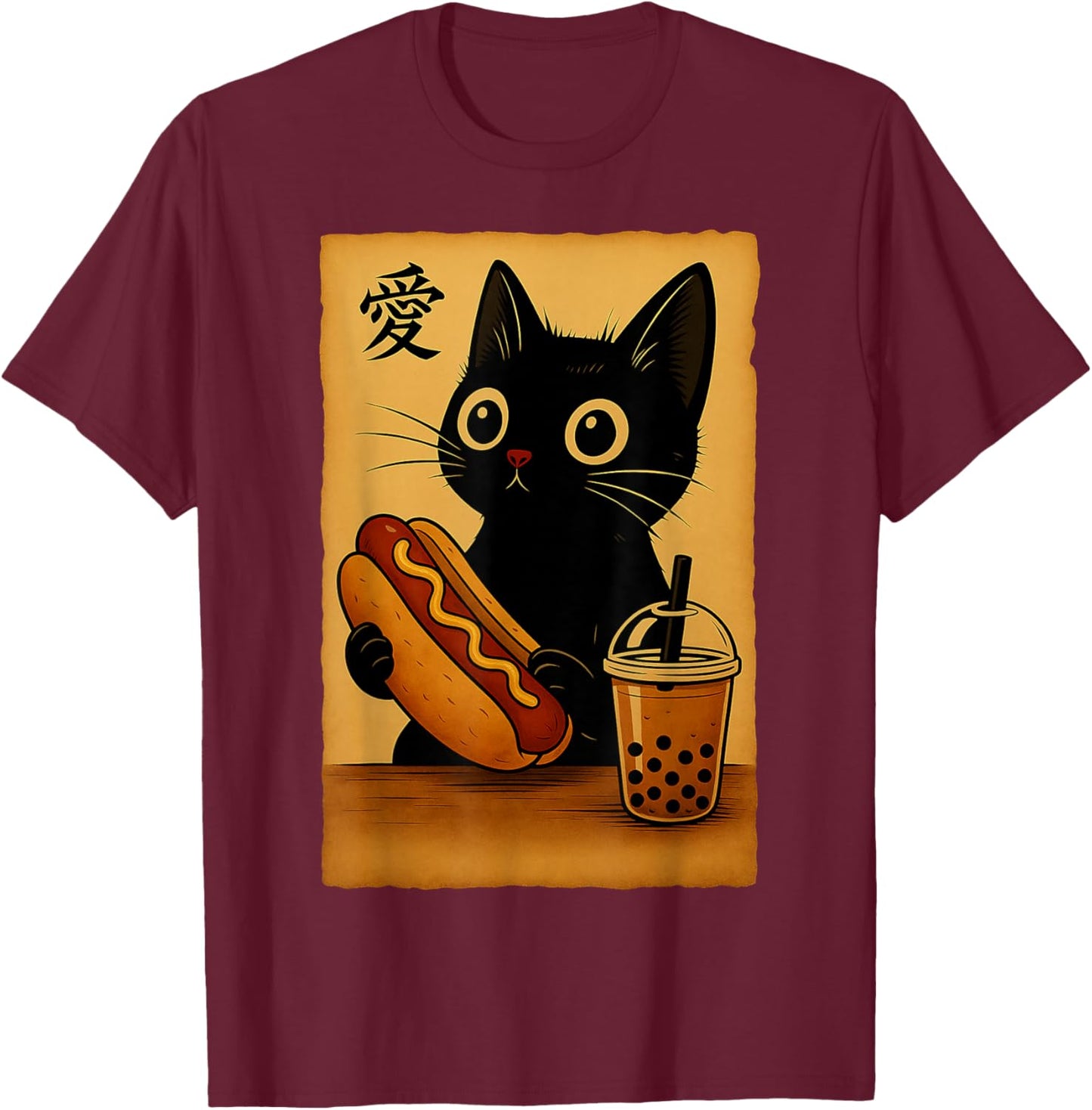 Japanese Kawaii Anime Cat Hotdog Aesthetic Cat Eating Hotdog T-Shirt - T-Shirt | Maroon