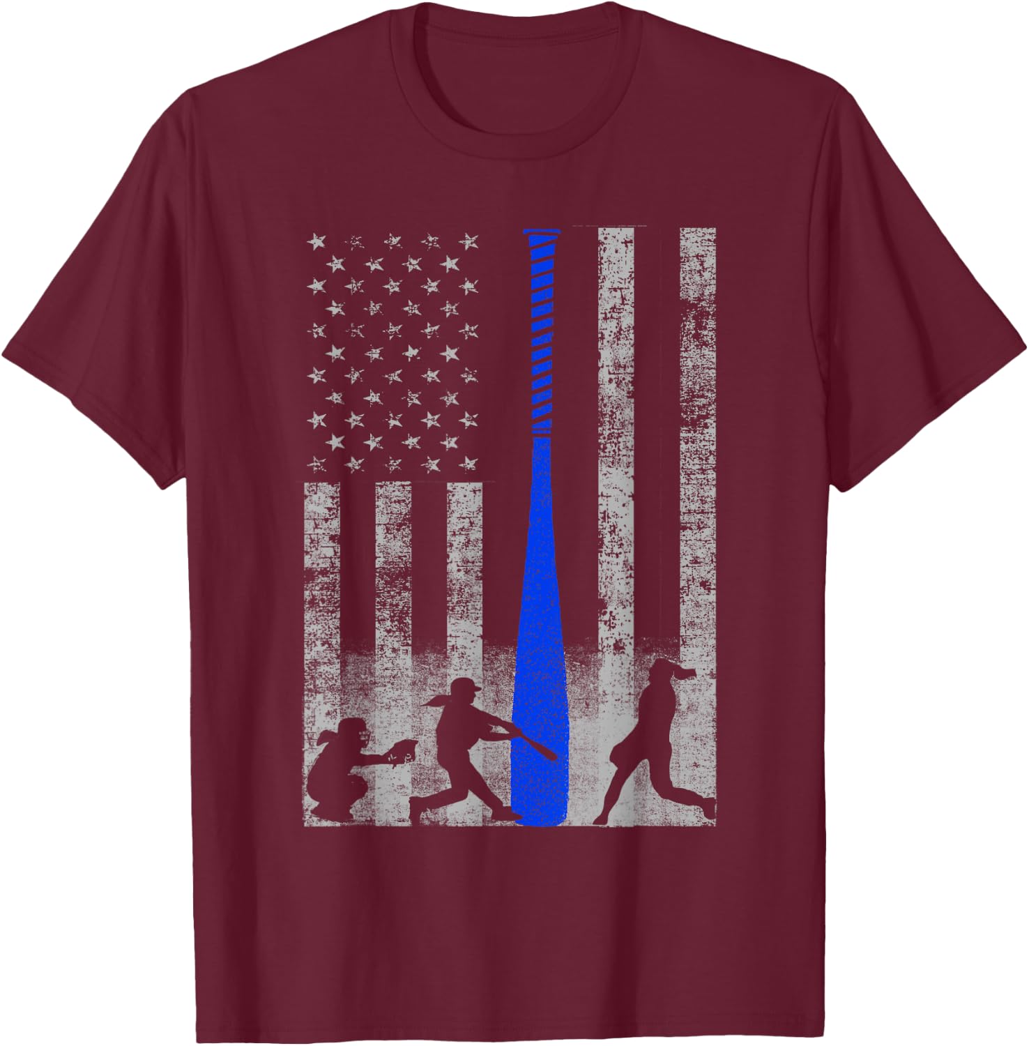 Softball American Flag - Blue Bat and Softball Players Flag Kids Men T-Shirt - T-Shirt | Maroon