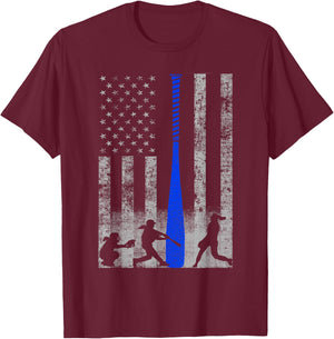 Softball American Flag - Blue Bat and Softball Players Flag Kids Men T-Shirt - T-Shirt | Maroon
