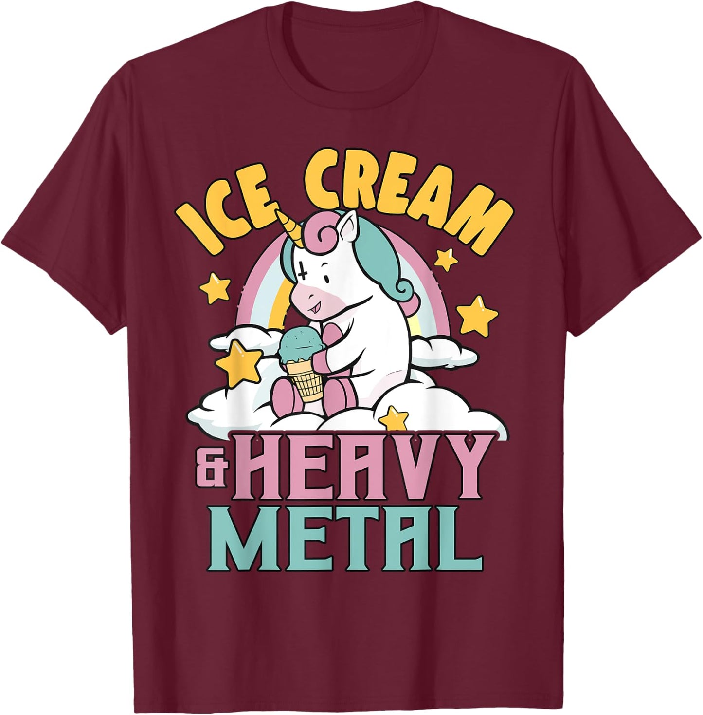 Ice Cream & Heavy Metal Unicorn Metal Rainbow Death Metal Men Women Kids T-Shirt - T-Shirt | Maroon