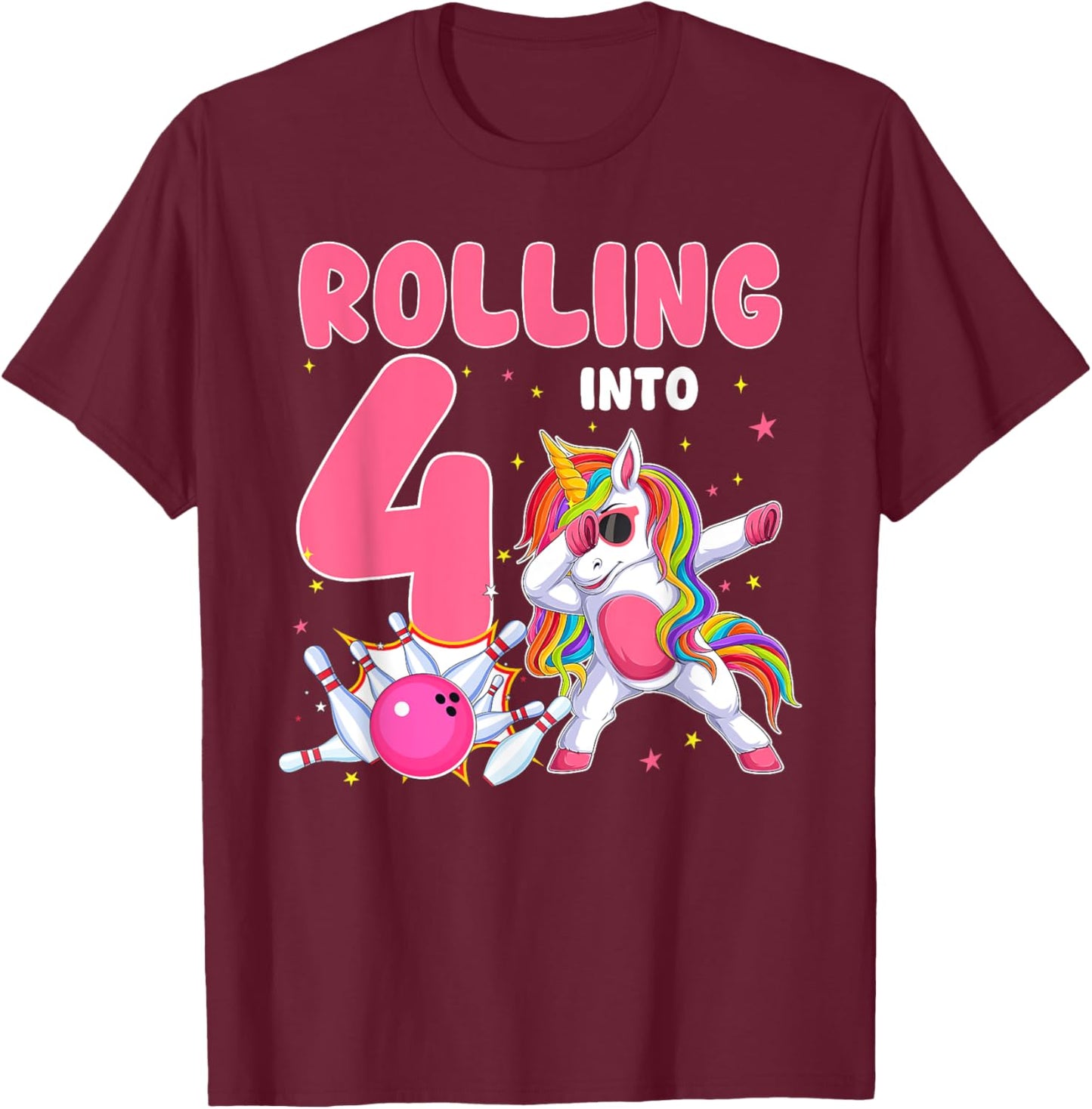 Rolling Into 4 4th Birthday Unicorn Bowling 4 Year Old T-Shirt - T-Shirt | Maroon