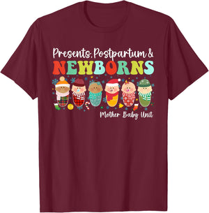 Presents Postpartum & Newborns Mother Baby Nurse Christmas T-Shirt - T-Shirt | Maroon