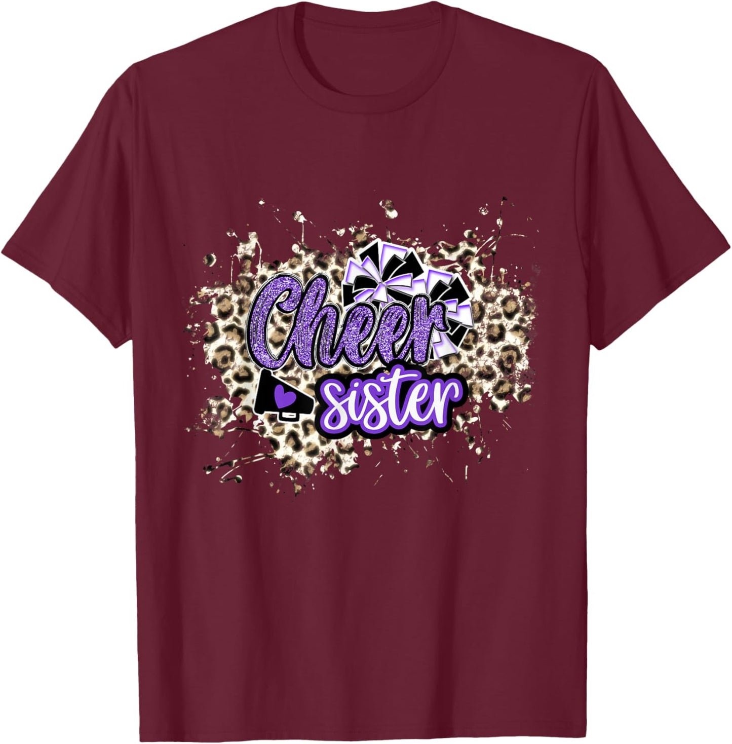 Cheer Sister Shirt, Megaphone Purple Leopard Cheetah Print T-Shirt - T-Shirt | Maroon