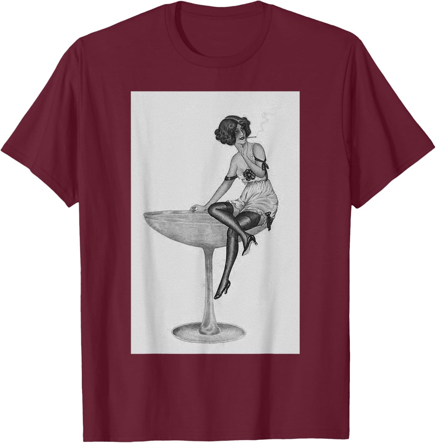 1920's Flapper Girl in Pink Dress - Retro Cocktail Aesthetic T-Shirt - T-Shirt | Maroon