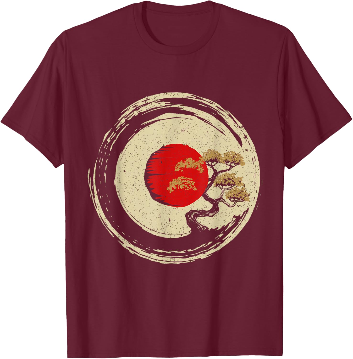 Bonsai Tree In Japanese Zen Buddhist Enso Circle T-Shirt - T-Shirt | Maroon