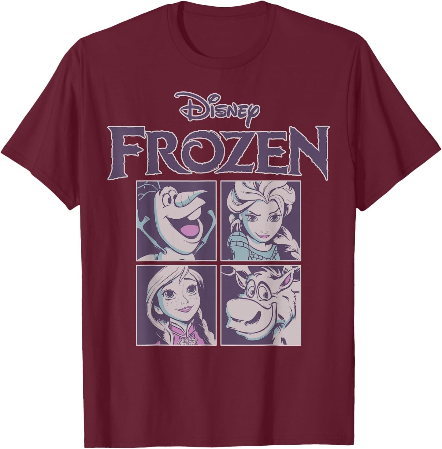 Disney Frozen Blue Hue Character Portrait Grid Panels Small T-Shirt - T-Shirt | Maroon