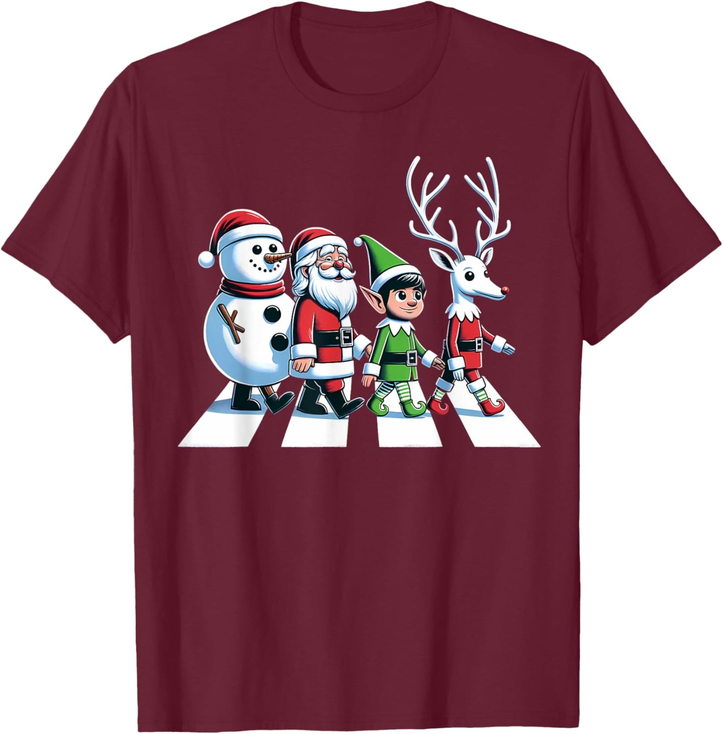 Christmas Road Snowman Santa Elf Reindeer Xmas Crosswalk T-Shirt - T-Shirt | Maroon