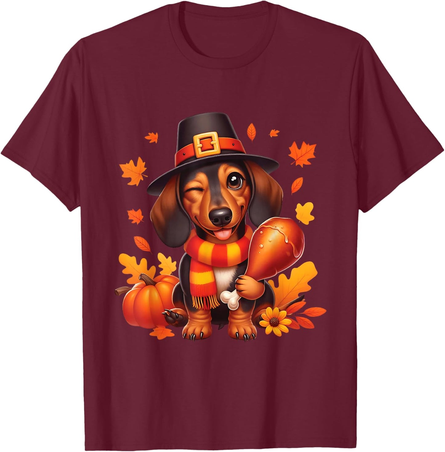 Dachshund Pilgrim Happy Thanksgiving Dog Men Women Girl Boy T-Shirt - T-Shirt | Maroon