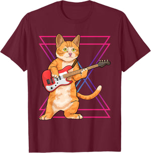 Cat Playing Guitar Musician Kitten Funny Bass Guitar Player T-Shirt - T-Shirt | Maroon