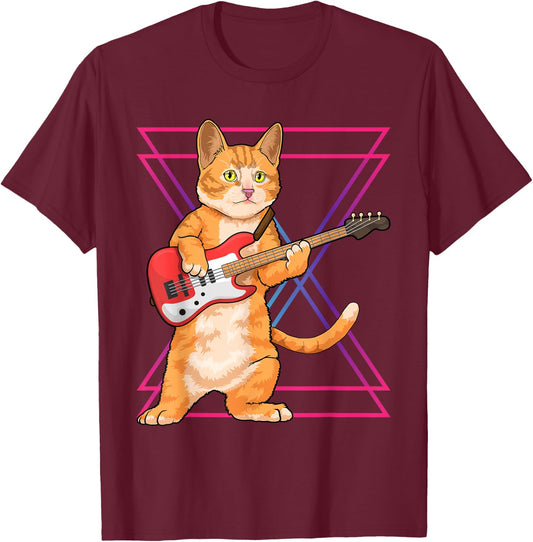 Cat Playing Guitar Musician Kitten Funny Bass Guitar Player T-Shirt - T-Shirt | Maroon