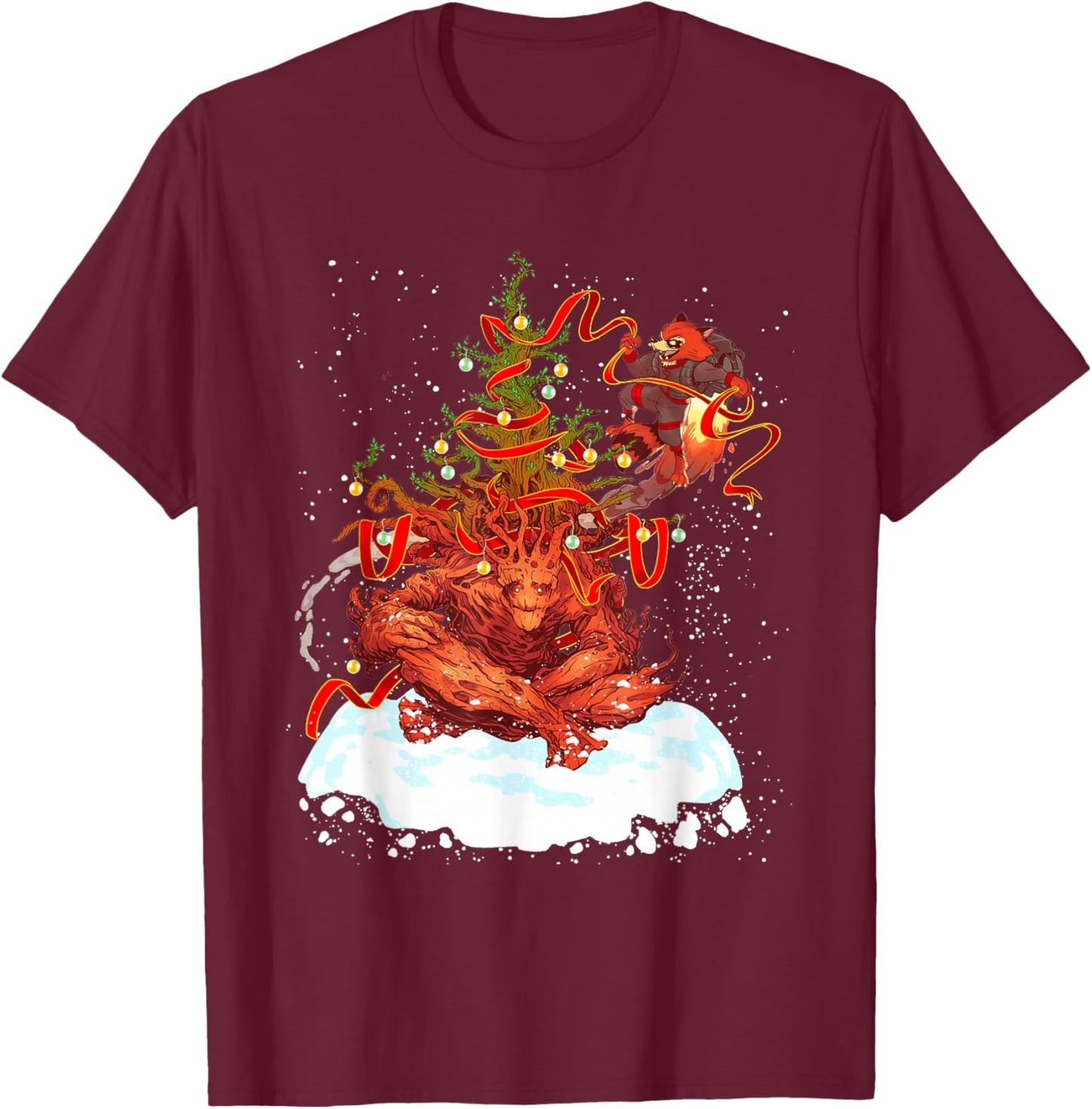 Marvel Rocket and Groot Holiday Christmas Tree Guardians T-Shirt - T-Shirt | Maroon