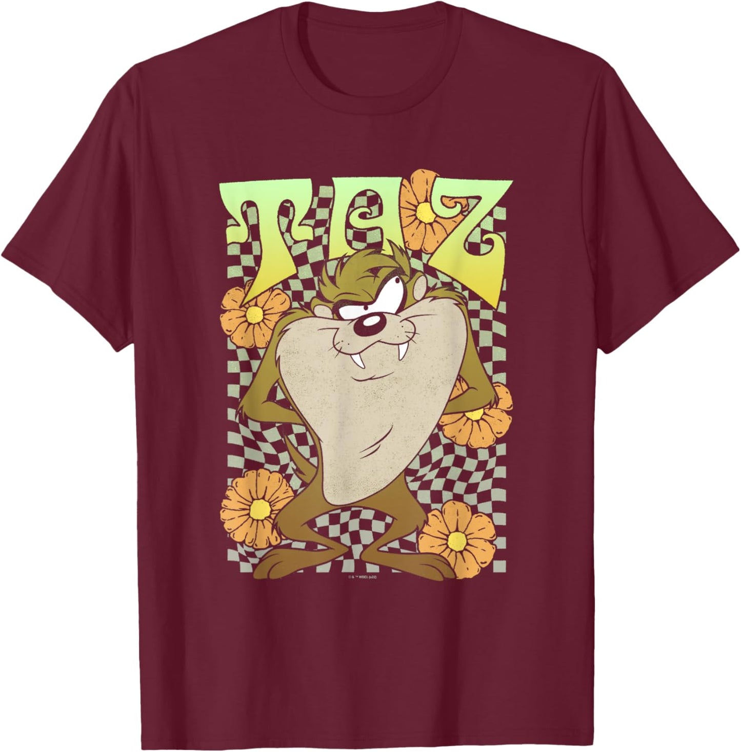 Looney Tunes Taz Groovy Retro Floral Portrait T-Shirt - T-Shirt | Maroon