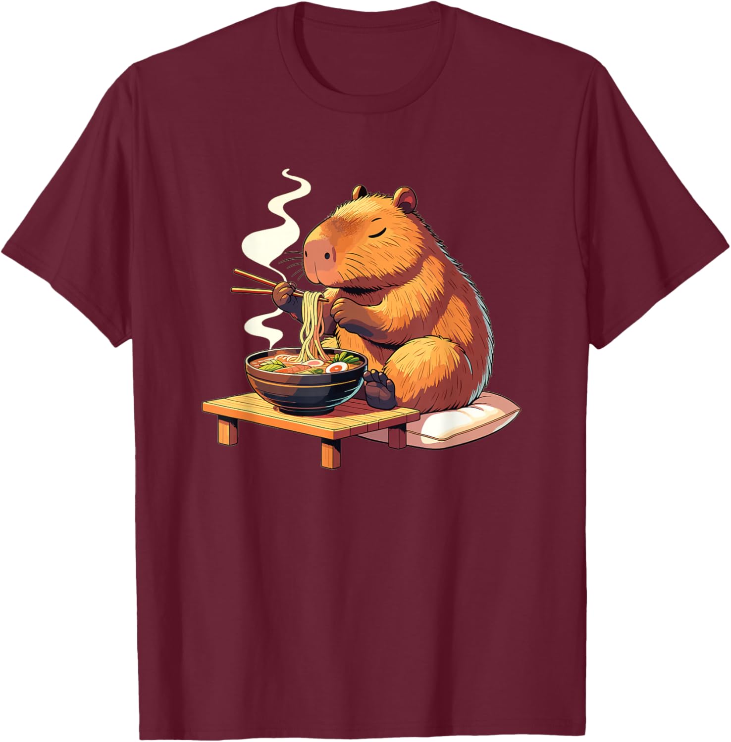 Sweet Capybara Eats Ramen Noodles Capybaras Ramen T-Shirt - T-Shirt | Maroon