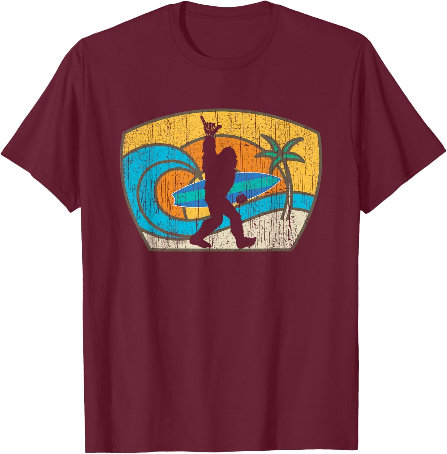 Bigfoot Retro Surfing Gift Shaka Aloha Surfer Dude T-Shirt - T-Shirt | Maroon
