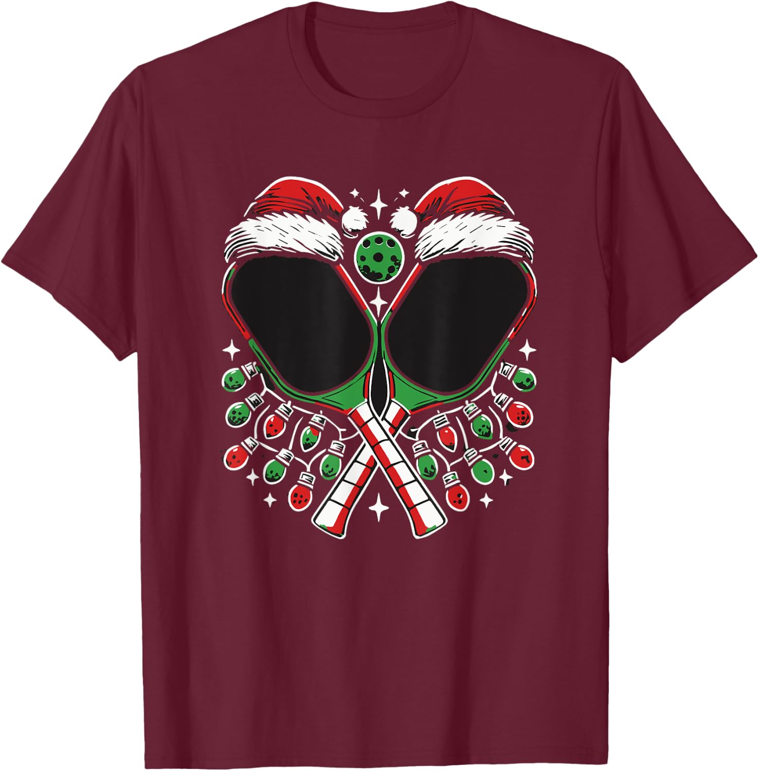Christmas Pickleball Paddle with Santa Hat Xmas Lights T-Shirt - T-Shirt | Maroon