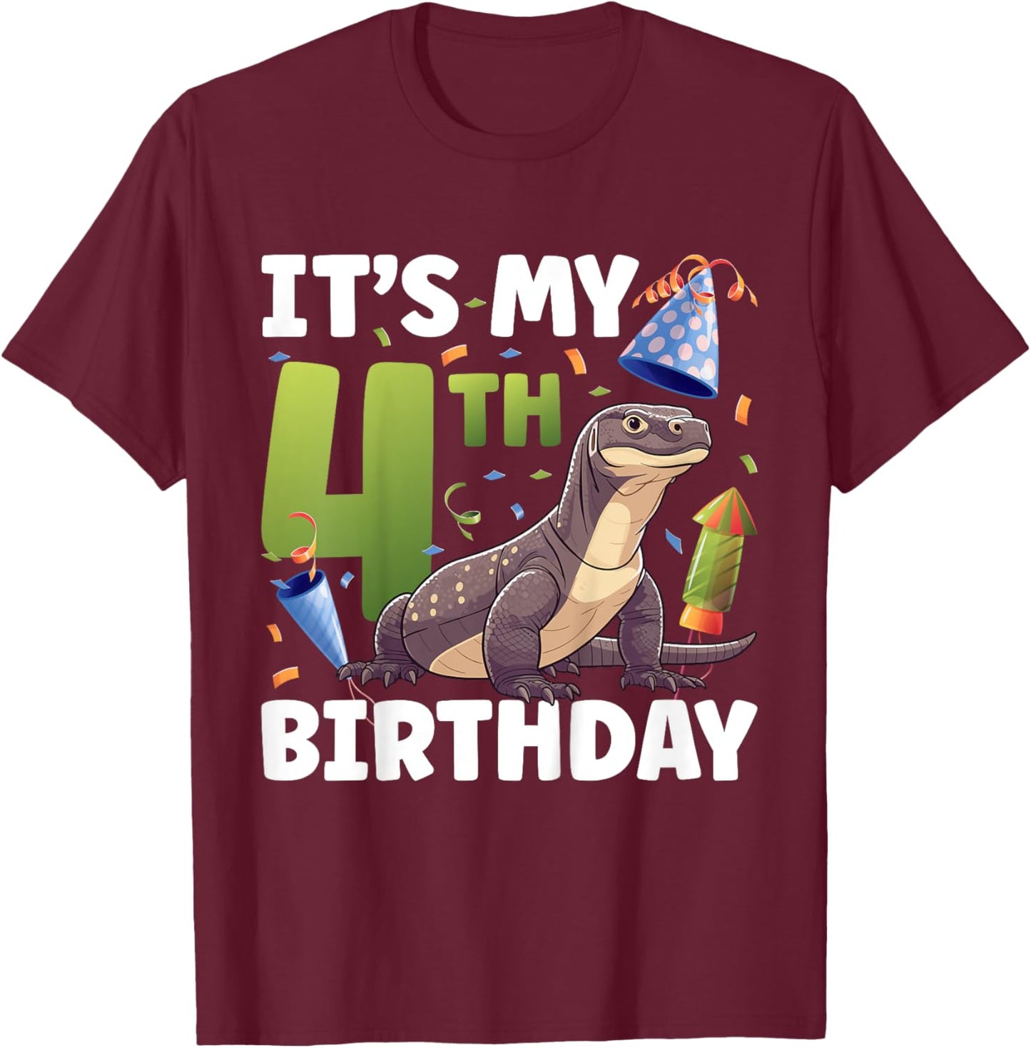 Kids 4th Komodo Dragon Birthday Party Four Year Old Komodo Dragon T-Shirt - T-Shirt | Maroon