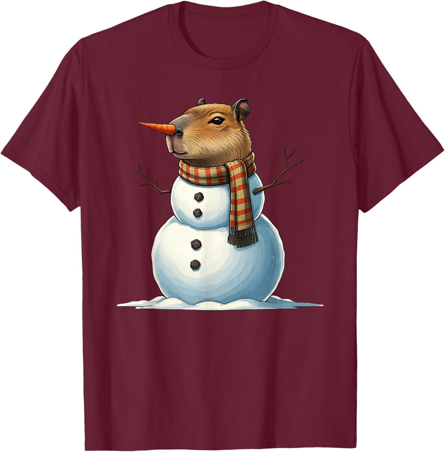 Funny Capybara Snowman Scarf Christmas Kids T-Shirt - T-Shirt | Maroon