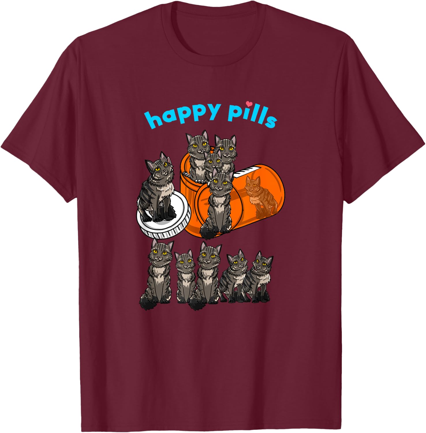 Happy Pills Maine Coon Funny Kitten Feline Cat Lover Gift Men Women Girls Kids T-Shirt - T-Shirt | Maroon
